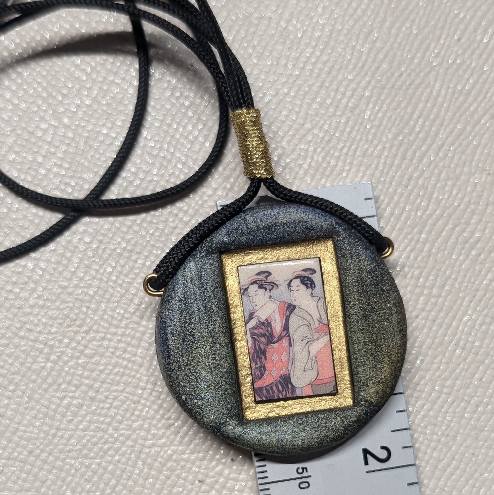 Elegant Black and Gold Japanese Protection Pendant Necklace Handmade